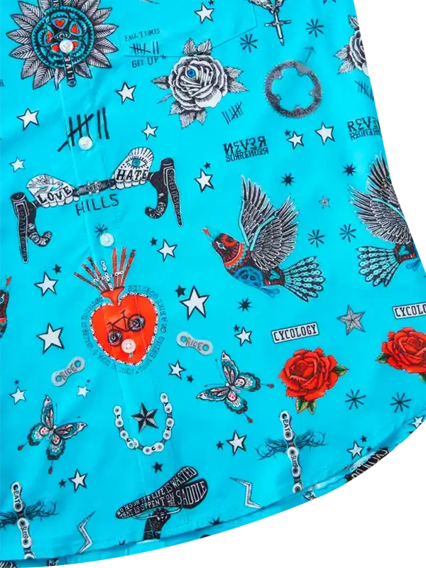 Vibrant blue cycling shirt with roses, stars, birds, and bike-themed graphics for men and women
