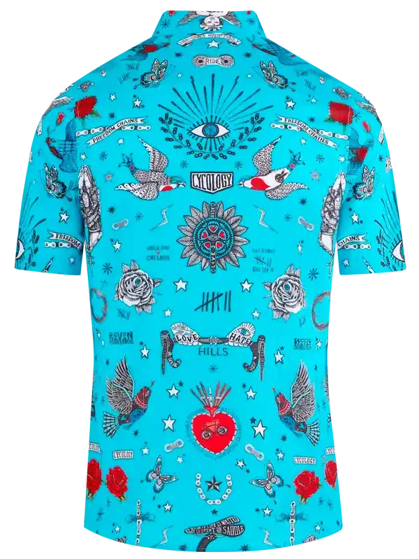 Vibrant turquoise cycling shirt with tattoo-style designs, roses, birds, and stars for men and women.