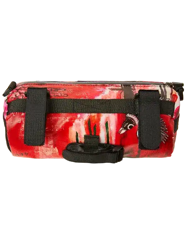Red floral bike frame bag with black straps and bird print, ideal for cycling adventures