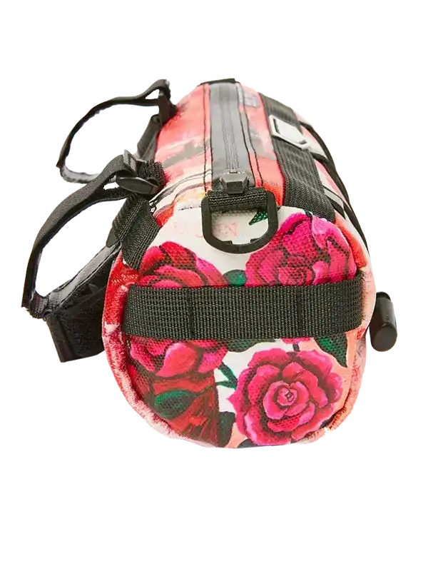 Floral rose pattern cycling frame bag with black straps and zipper, ideal for bike rides