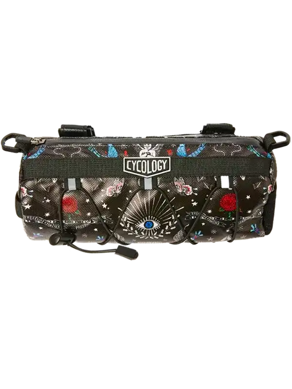 Cycology bike frame bag with floral and eye design, ideal for cycling gear storage