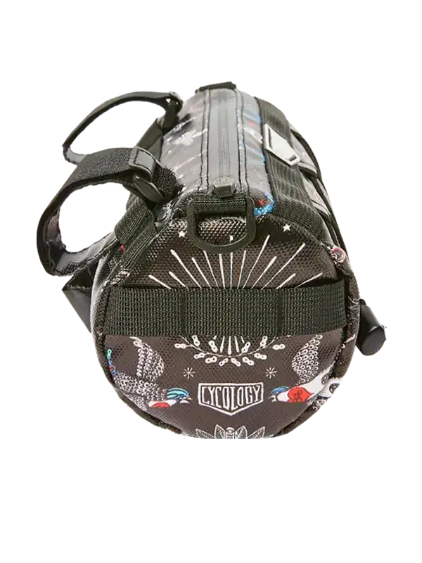 Cycology bike frame bag with floral pattern, straps, and zipper for cycling gear storage