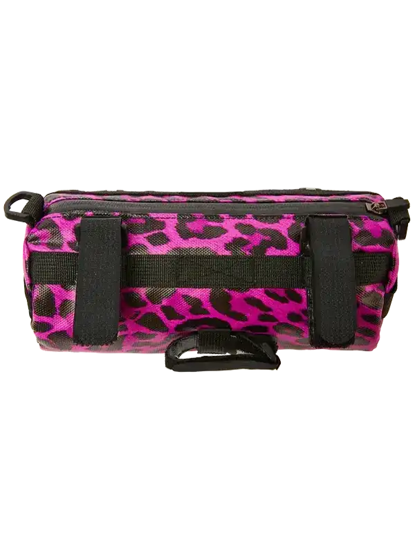 Pink leopard print cycling frame bag with black straps for bike storage
