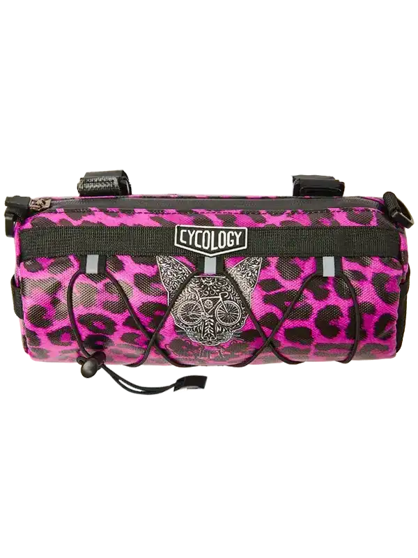 Pink leopard print cycling frame bag with skull design and Cycology logo, ideal for bike storage.