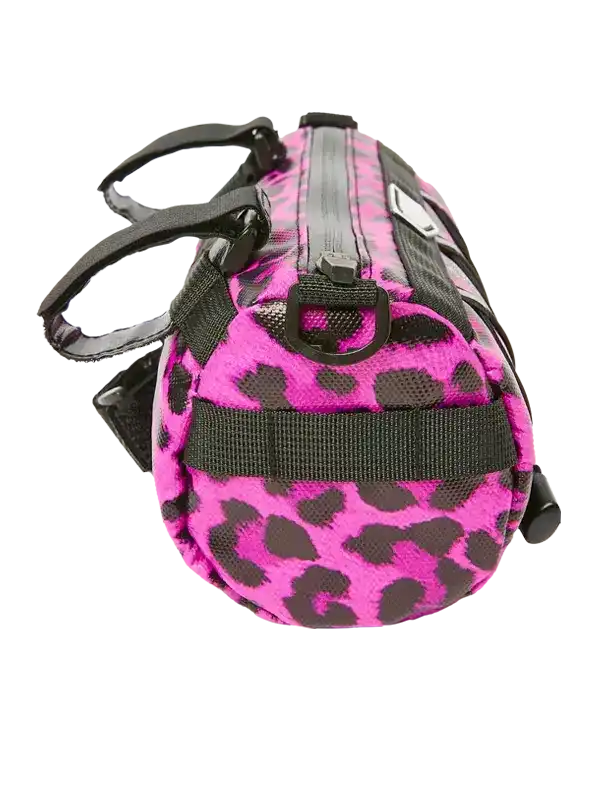 Pink leopard print cycling frame bag with black straps and zipper