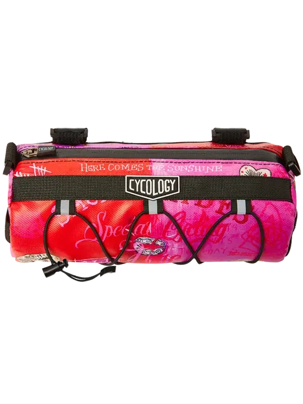 Cycology pink and red cycling frame bag with 'Here Comes the Sunshine' print and reflective straps