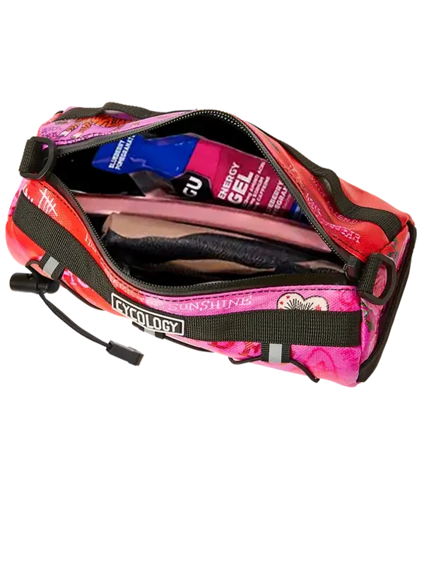 Cycology pink cycling saddle bag with energy gels and tools, ideal for road bike rides