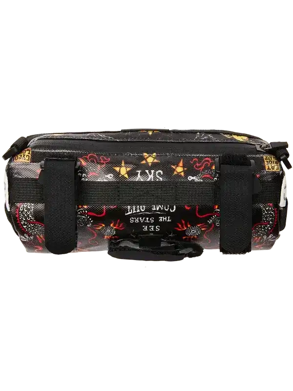Black cycling frame bag with star and flame pattern, adjustable straps, and bold text design