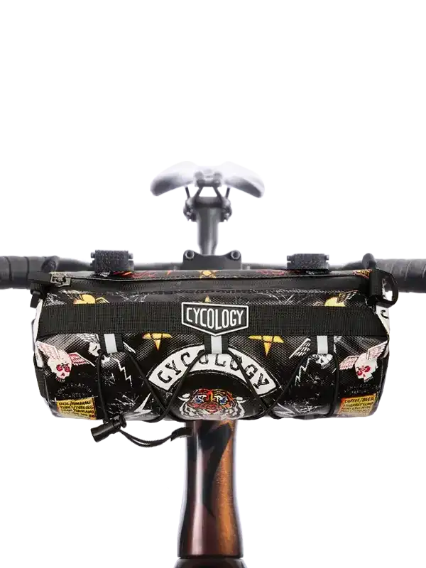 Cycology bike handlebar bag with skull and tiger print, ideal for cycling gear storage