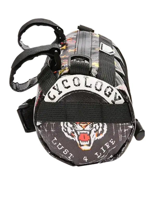 Cycology bike frame bag with tiger graphic, 'Just 4 Life' text, and adjustable straps for cycling gear storage