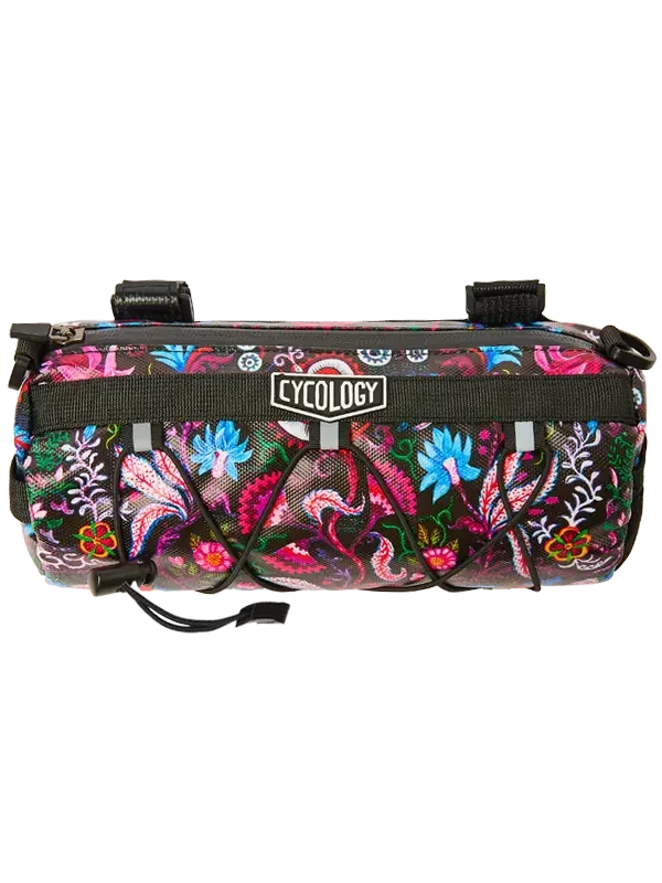 Cycology floral bike frame bag with vibrant paisley print and secure straps for cycling gear storage