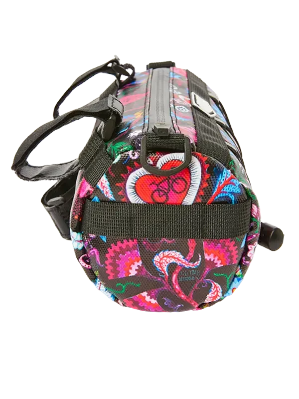 Colorful cycling frame bag with heart and bike print, black straps, and zipper closure for bike storage.