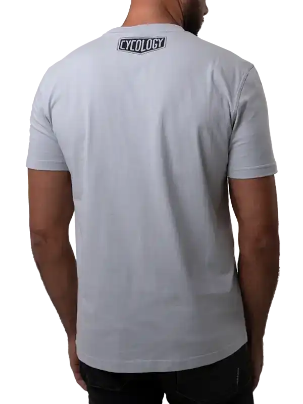 Men's light gray cycling t-shirt with Cycology logo on back, casual fit for active wear