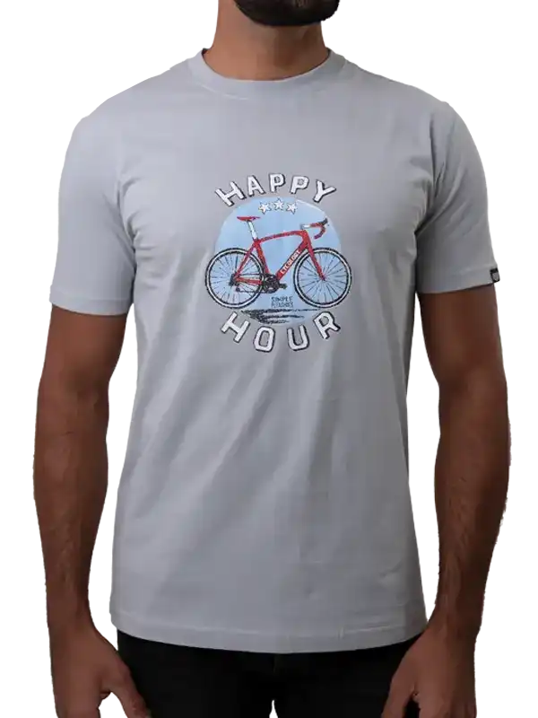 Men's cycling t-shirt with 'Happy Hour' graphic and red bike design, ideal for casual rides and bike enthusiasts.