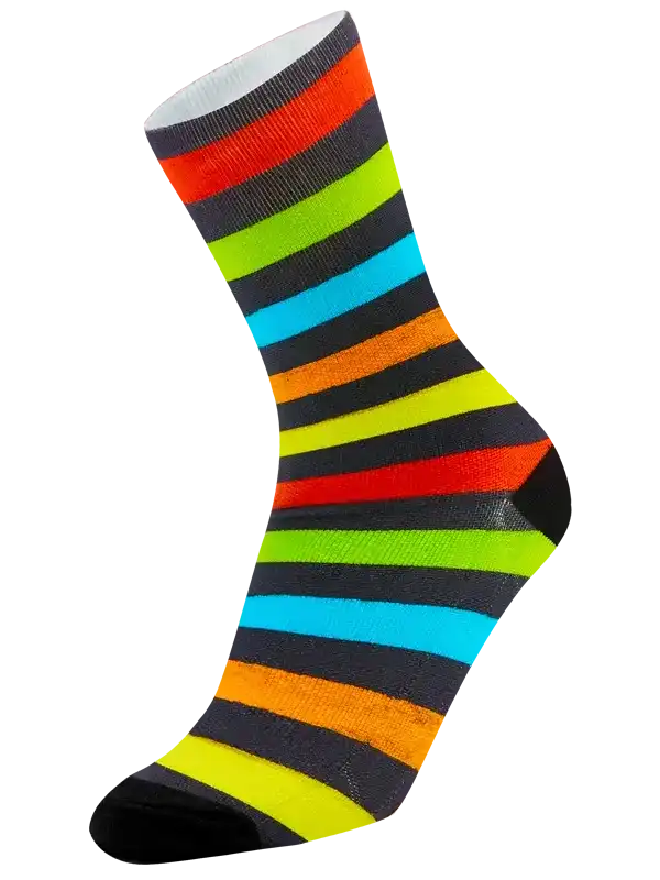 Colorful striped cycling socks with neon green, blue, orange, and red bands on black background