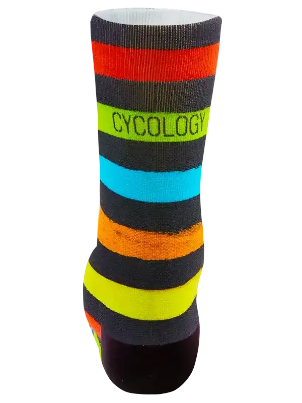 Colorful striped cycling sock with 'CYCOLOGY' text, designed for men's and women's bike rides