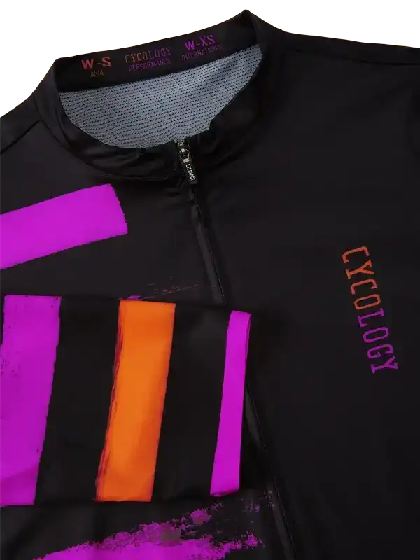 Black cycling jersey with vibrant purple and orange stripes, featuring performance fabric and bold design