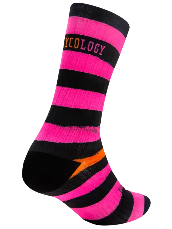 Pink and black striped cycling sock with orange lightning bolt and 'CYCOLOGY' text