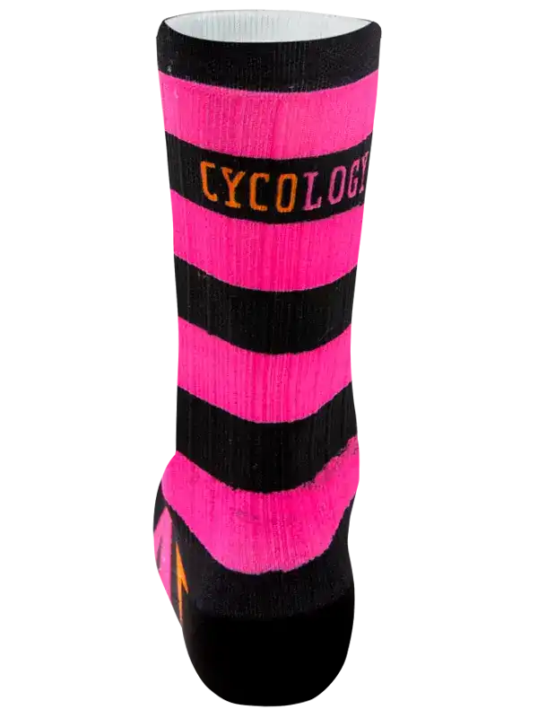 Pink and black striped cycling sock with 'CYCOLOGY' logo, designed for men's and women's bike rides.