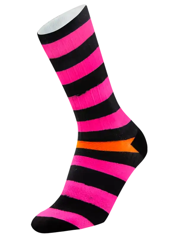 Bright pink and black striped cycling sock with orange accent, designed for performance and comfort.