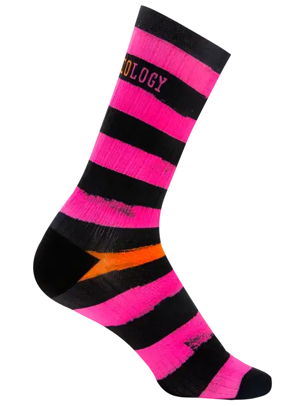 Pink and black striped cycling sock with orange accent, performance fabric for men and women