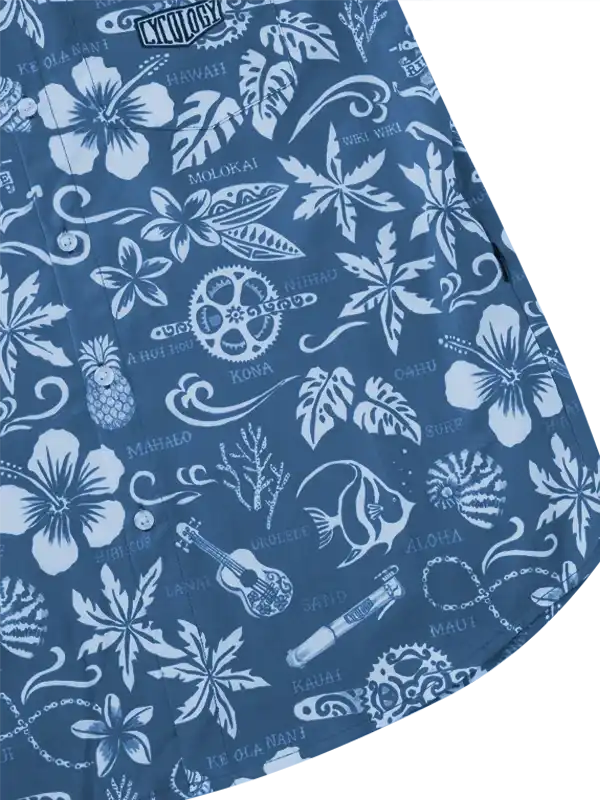 Blue cycling shirt with white tropical floral and Hawaiian island print design for men and women