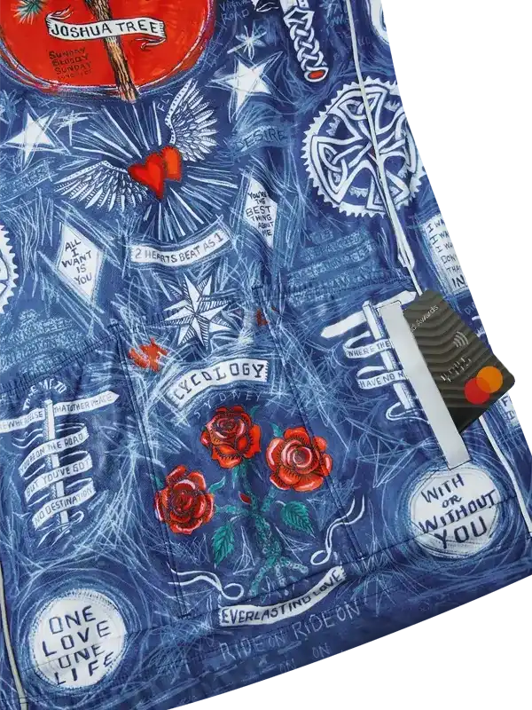 Blue cycling jersey with red roses, stars, and bold graphics for men and women riders