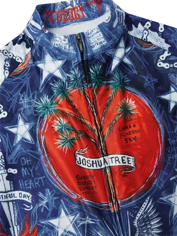 Men's cycling jersey with Joshua Tree graphic, palm trees, stars, and bold print on navy blue fabric