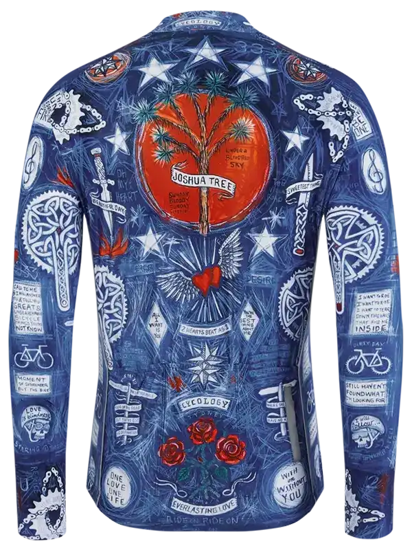 Blue cycling jersey with Joshua Tree design, stars, and unique artwork for men and women