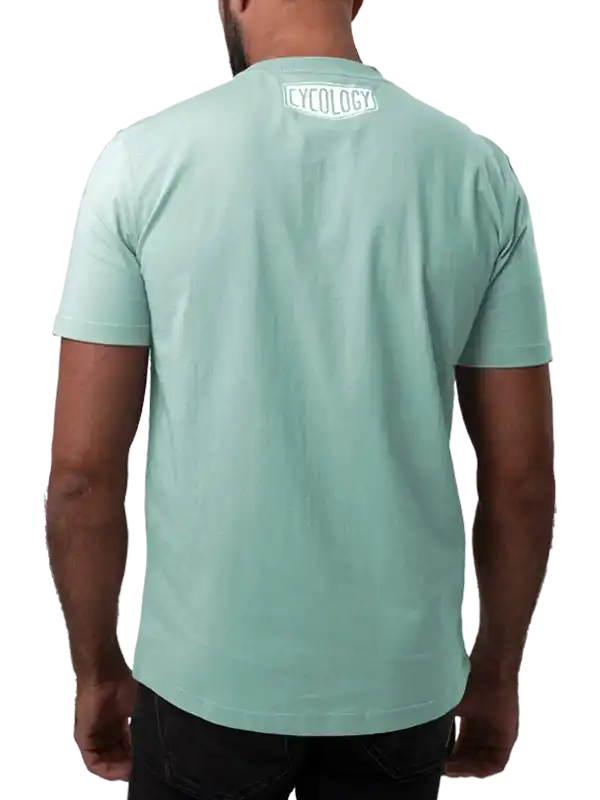 Men's mint green cycling t-shirt with 'CYCOLOGY' logo on back, ideal for bike rides and casual wear.