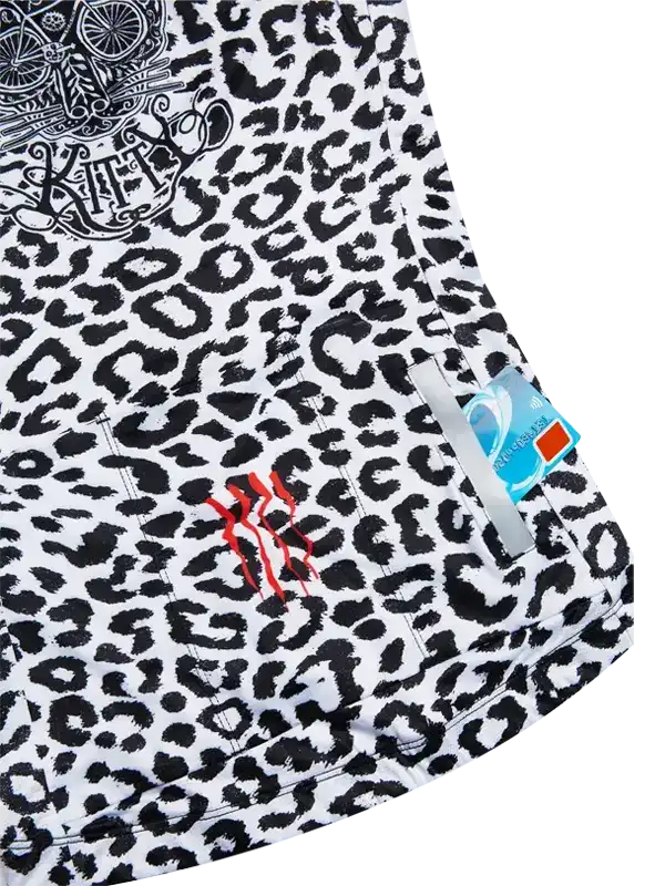 Women's cycling jersey with black and white leopard print, red claw mark detail, and rear pocket