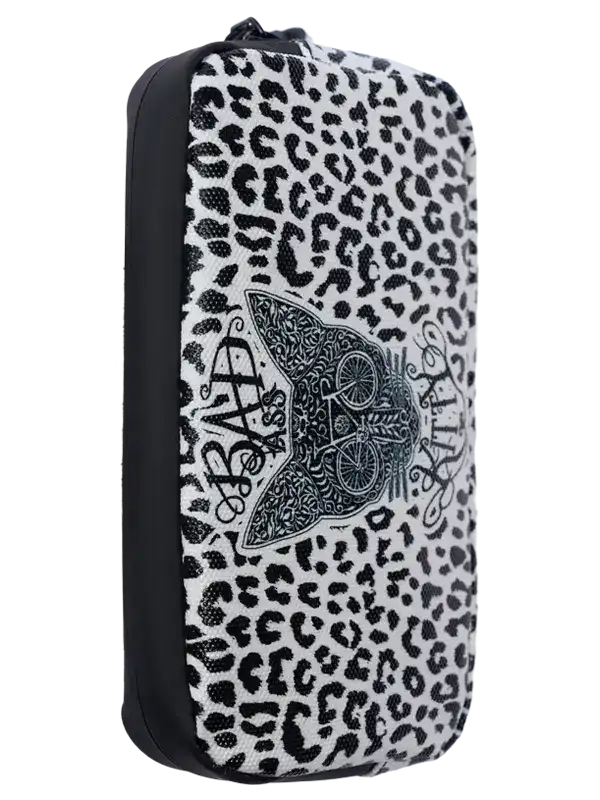 Leopard print cycling accessory pouch with bold graphic design for bike gear storage