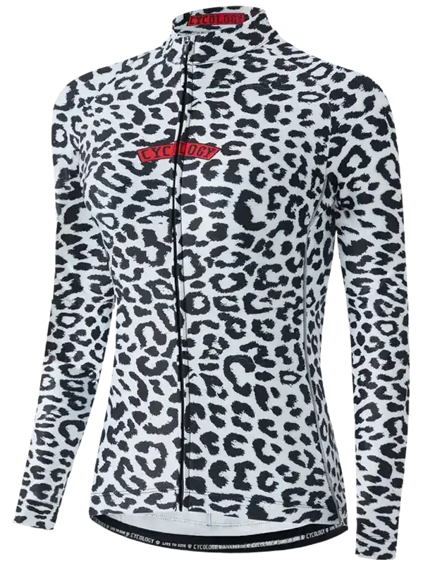 Women's leopard print cycling jersey with full zip and red logo, stylish and functional for rides