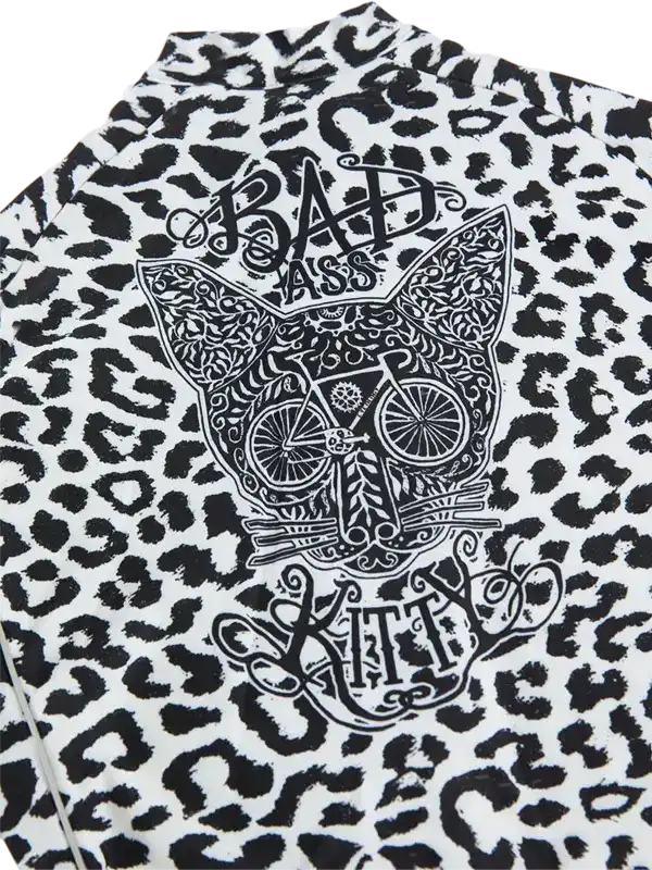 Bad Ass Kitty leopard print cycling jersey with bike skull graphic design