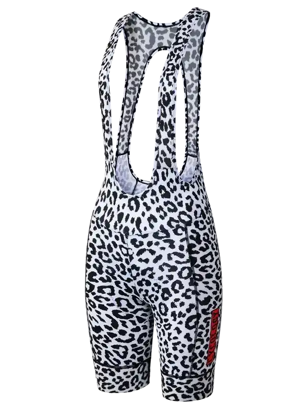Women's cycling bib shorts with black and white leopard print design, featuring red side logo