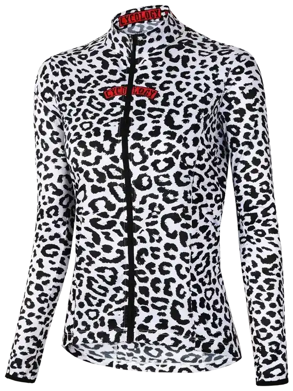 Women's cycling jersey with bold leopard print and red logo, perfect for stylish rides