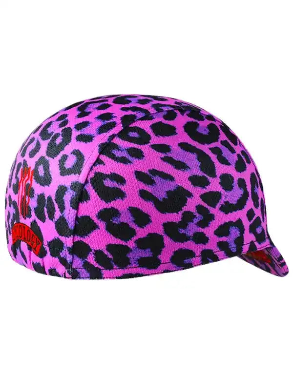 Pink leopard print cycling cap with black spots and red logo, designed for women's bike rides.