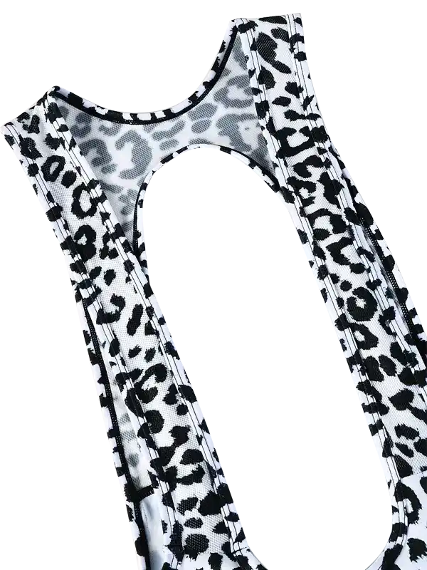 Women's cycling jersey with black and white leopard print design, breathable mesh fabric