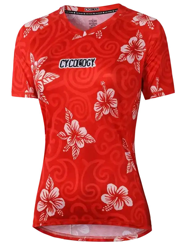 Red women's cycling jersey with white hibiscus floral print and swirl pattern, featuring breathable fabric and brand logo.