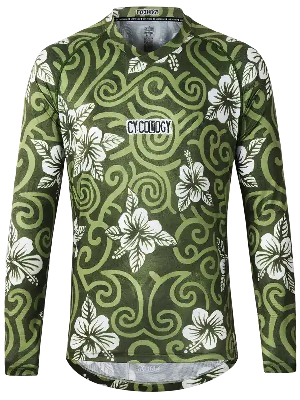 Men's long sleeve cycling jersey with green swirl and white hibiscus floral pattern, performance fabric