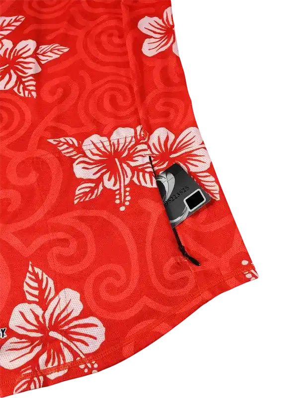 Red cycling jersey with white hibiscus flowers and swirl pattern, featuring rear pocket for storage