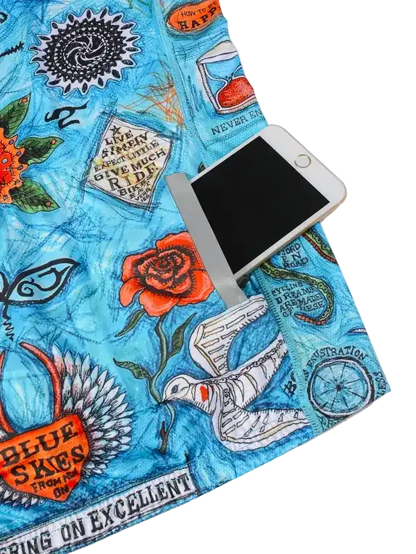 Blue cycling jersey with floral and motivational print, featuring phone pocket for riders