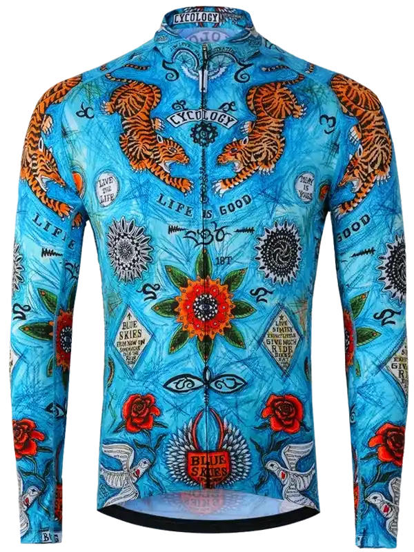 Blue long-sleeve cycling jersey with tiger, rose, and floral tattoo-style print for men or women