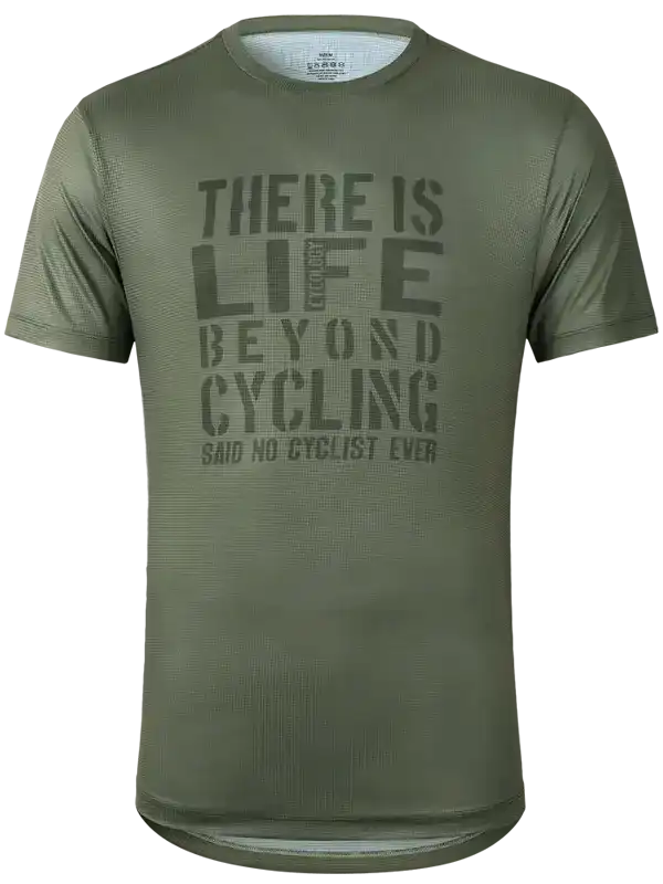 Olive green men's cycling jersey with 'There is life beyond cycling' print, breathable fabric