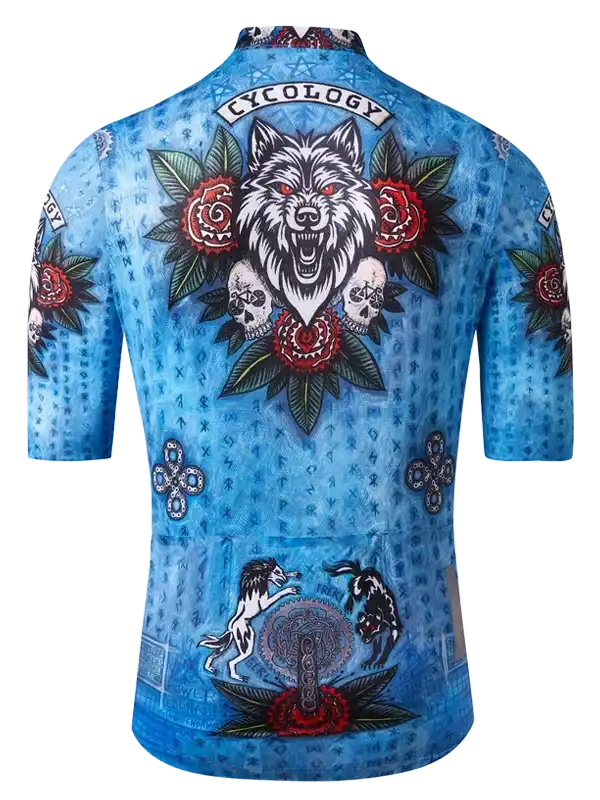 Blue men's cycling jersey with wolf, roses, and skulls design for road biking