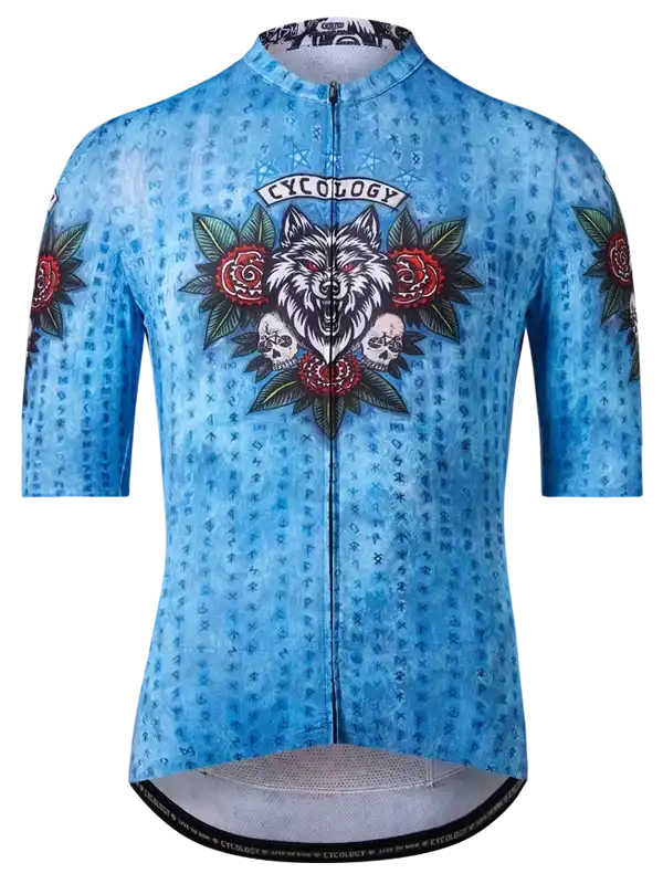 Blue men's cycling jersey with wolf, roses, and skulls design, featuring full zip and performance fabric