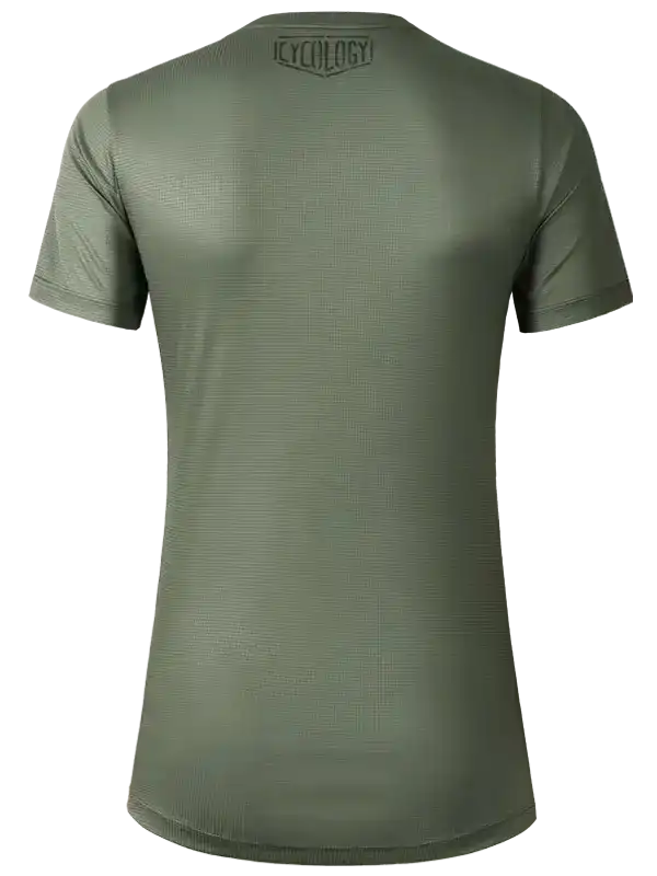 Olive green cycling jersey with subtle texture and logo on back, ideal for men's and women's rides