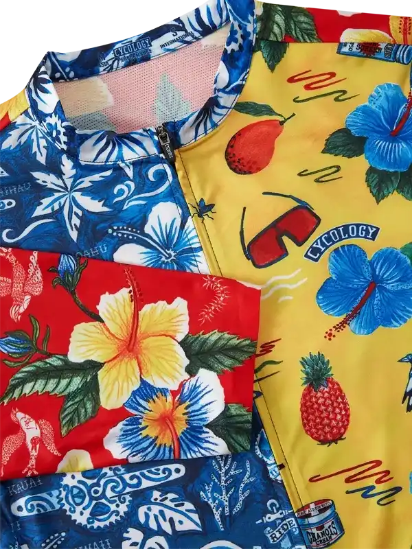 Colorful tropical cycling jerseys with hibiscus, pineapple, and surf designs for men and women