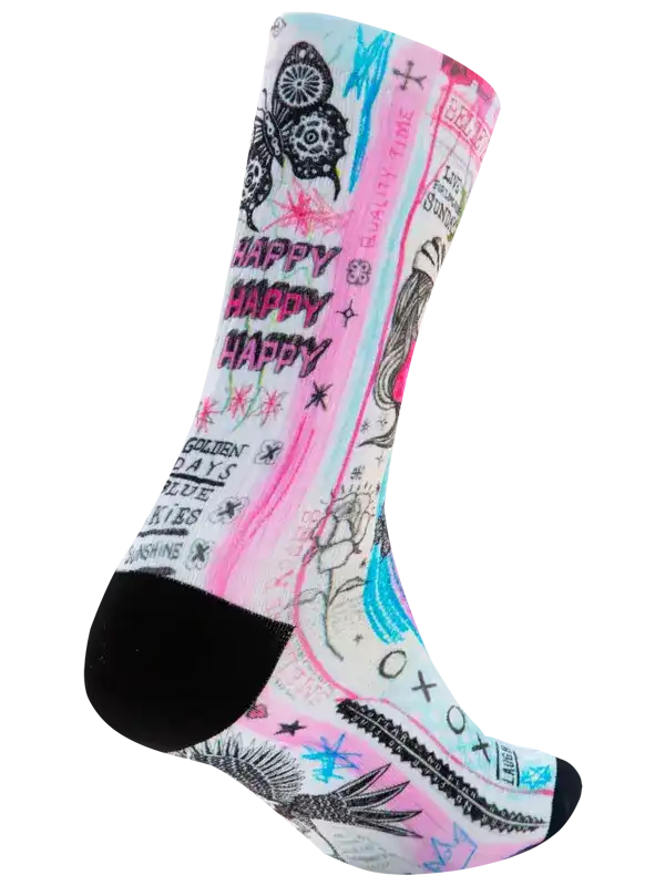 Colorful cycling sock with 'Happy' print, butterfly, and doodle art for men's and women's bike rides
