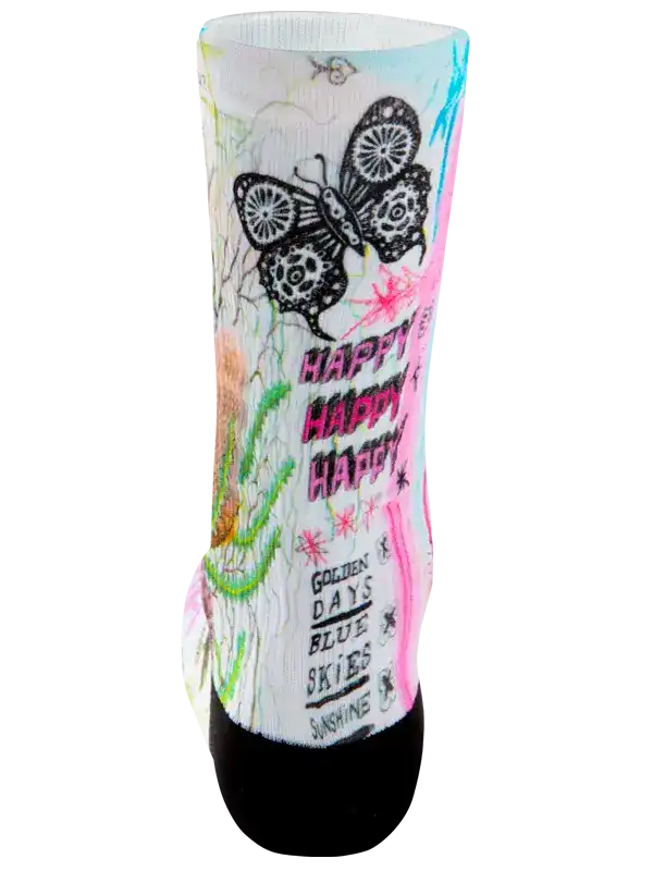 Colorful cycling sock with butterfly design, 'Happy' text, and vibrant graphics for women's bike wear
